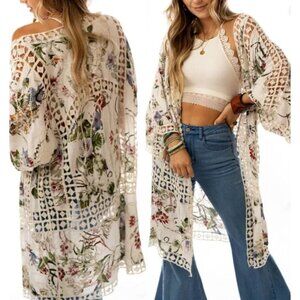 Nicole Miller Embroidered Crochet Insert Floral Heirloom Longline Kimono Large